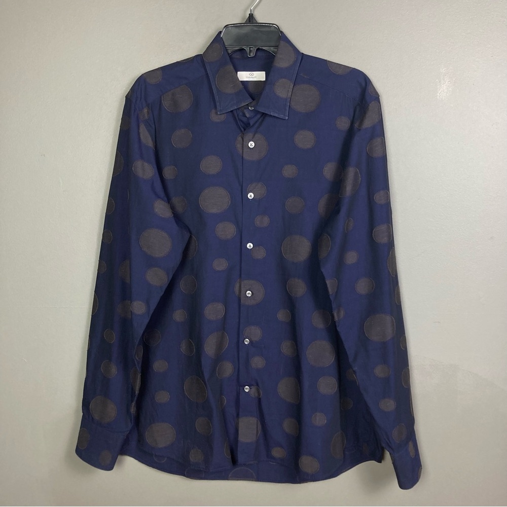 Garmentory dress shirt men's large button down polka dot sateen 100% cotton blue